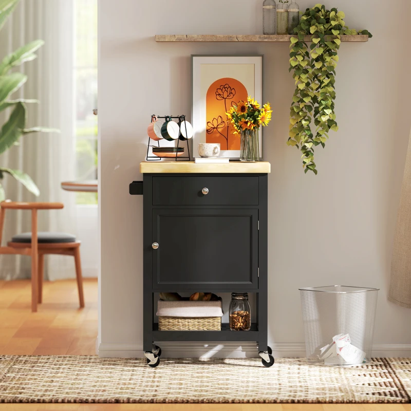 HOMCOM Kitchen Island on Wheels, Rolling Kitchen Cart with Rubberwood Top, Drawer, Wine Rack and Cabinet, Black