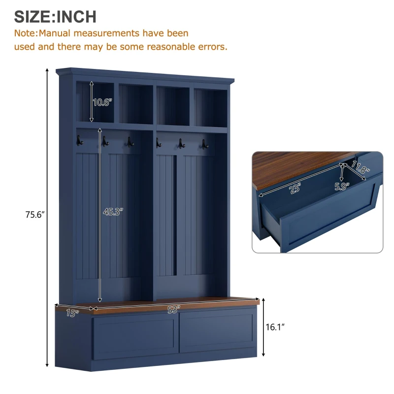 Rustic Farmhouse 4-in-1 Hall Tree Coat Rack with 2 Large Drawers, Shoe Storage Bench Unit with 6 Hooks, 53'' L x 15'' W x 75.5'' H, Blue