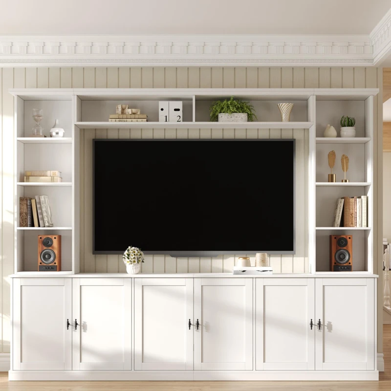Rustic Farmhouse Entertainment Centre with 7 Adjustable Shelves, Modern TV Wall Unit with Panelled Doors, 95.5'' L x 15.5'' W x 76.5'' H, White