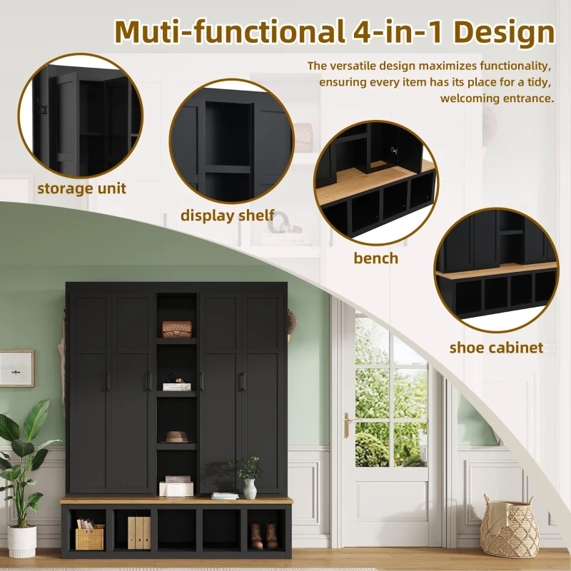 Rustic 4-in-1 Hall Tree Coat Rack with 4 Cabinets and 6 Sturdy Hooks, Shoe Storage Bench Unit for Mudroom, 63'' L x 15.5'' W x 76.5'' H, Black
