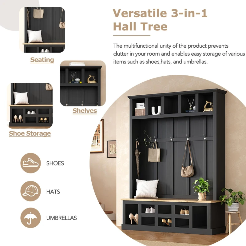 Farmhouse Hall Tree Coat Rack with 13 Compartments, Shoe Storage Bench Unit with Wide Storage Seating Bench, 59'' L x 18'' W x 79'' H, Black