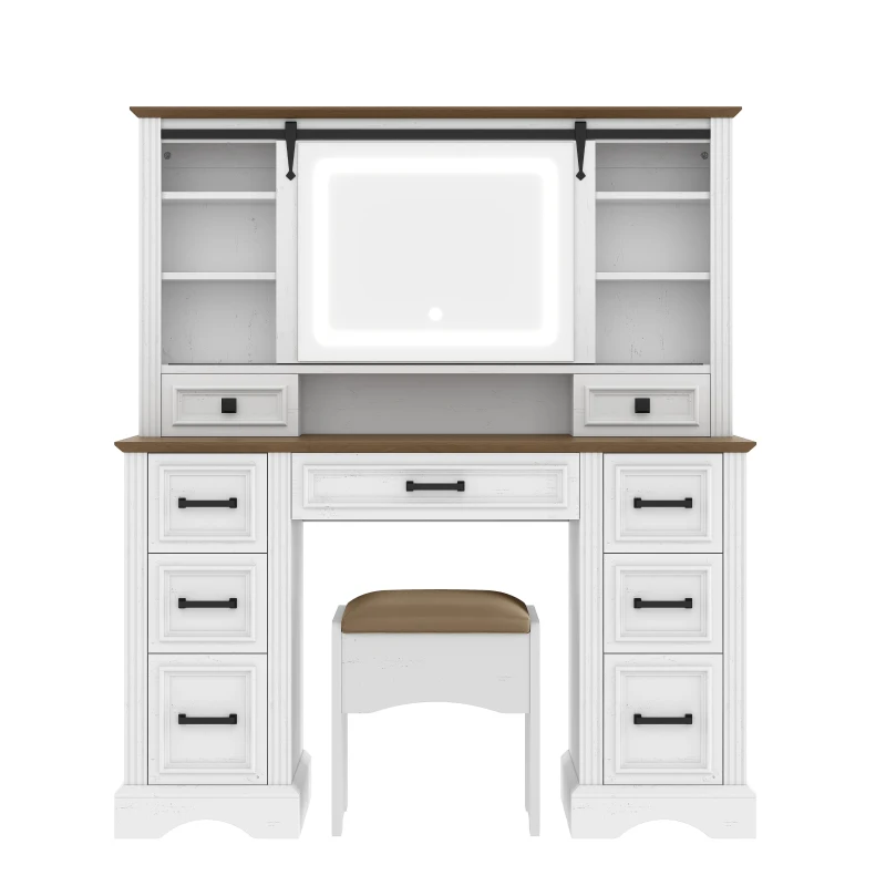 Farmhouse Dressing Vanity Desk with Sliding 3-Colour LED Mirror, Modern Makeup Table Unit with 9 Drawers, 47'' L x 15.5'' W x 55'' H, Brown+White