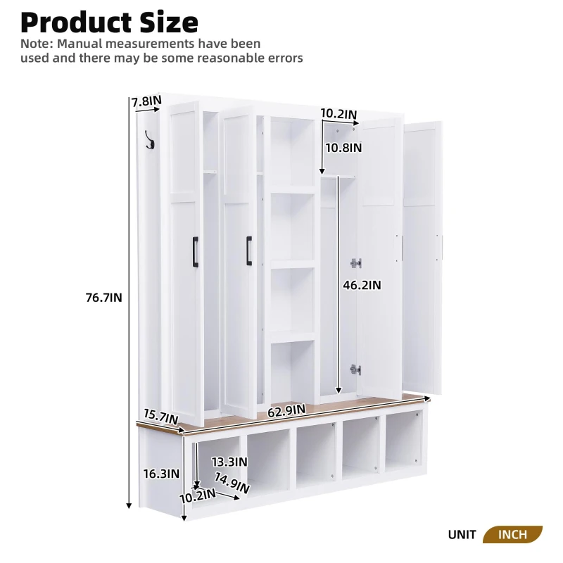 Rustic 4-in-1 Hall Tree Coat Rack with 4 Cabinets and 6 Sturdy Hooks, Shoe Storage Bench Unit for Mudroom, 63'' L x 15.5'' W x 76.5'' H, White