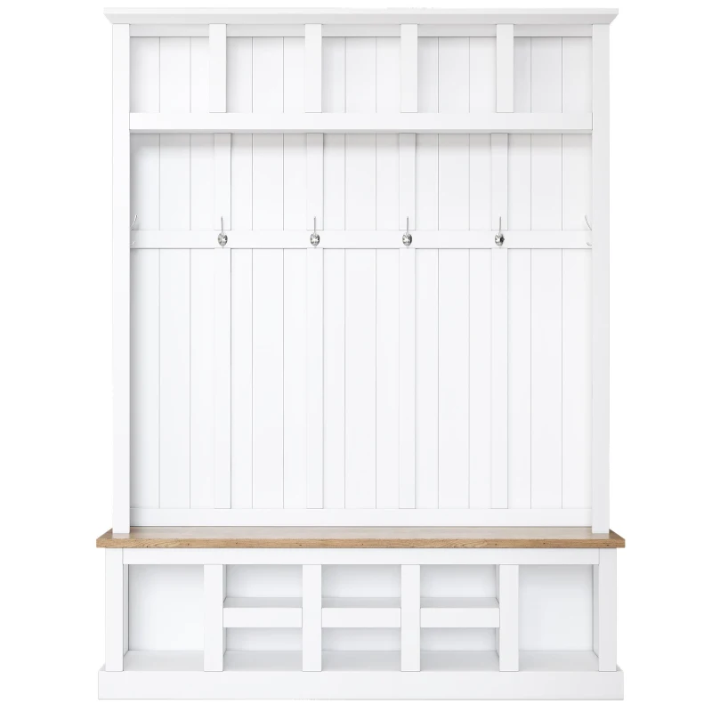 Farmhouse Hall Tree Coat Rack with 13 Compartments, Shoe Storage Bench Unit with Wide Storage Seating Bench, 59'' L x 18'' W x 79'' H, White