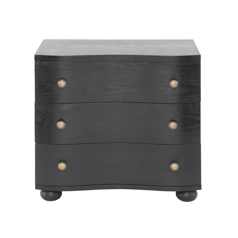Retro Modern Nightstand with 3 Wave Drawers, Wooden Bedside Storage Table with Bulbous Feet, 23.5'' L x 15.5'' W x 22.5'' H, Black