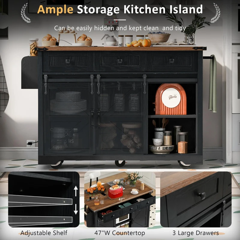 Farmhouse Kitchen Island with Power Outlet, Drop Leaf and Sliding Barn Doors, Versatile Rolling Cart for Kitchen, 53.5'' L x 18.5" W x 37" H, Black