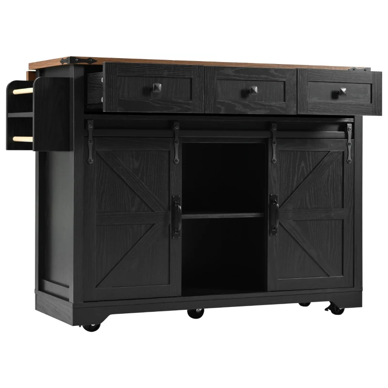 Farmhouse Kitchen Island with Power Outlet, Drop Leaf and Sliding Barn Doors, Versatile Rolling Cart for Kitchen, 53.5'' L x 18.5" W x 37" H, Black