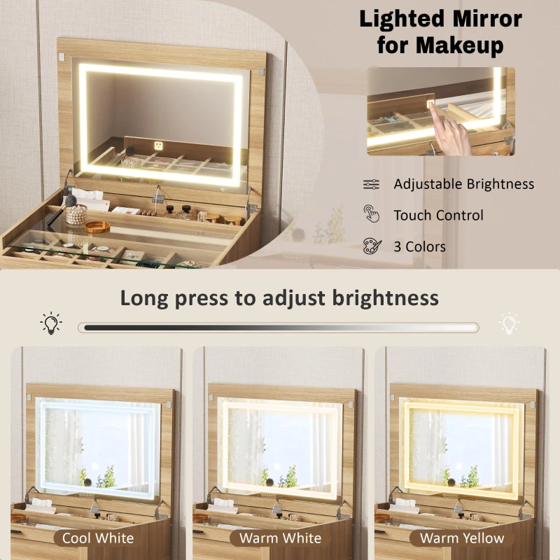 Versatile 3-in-1 Flip Top Makeup Vanity Cabinet with LED Lighted Mirror, Rustic Dressing Table for Bedroom, 26.5'' L x 19.5" W x 29.5" H, Natural