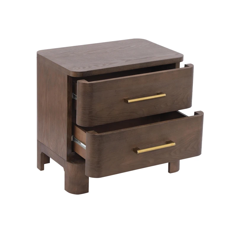 Chic Nightstand with 2 Drawers, Rounded Corners and Gold Handles, Versatile Storage Cabinet for Bedroom, 23.5'' L x 15.5" W x 22.5" H, Brown Oak