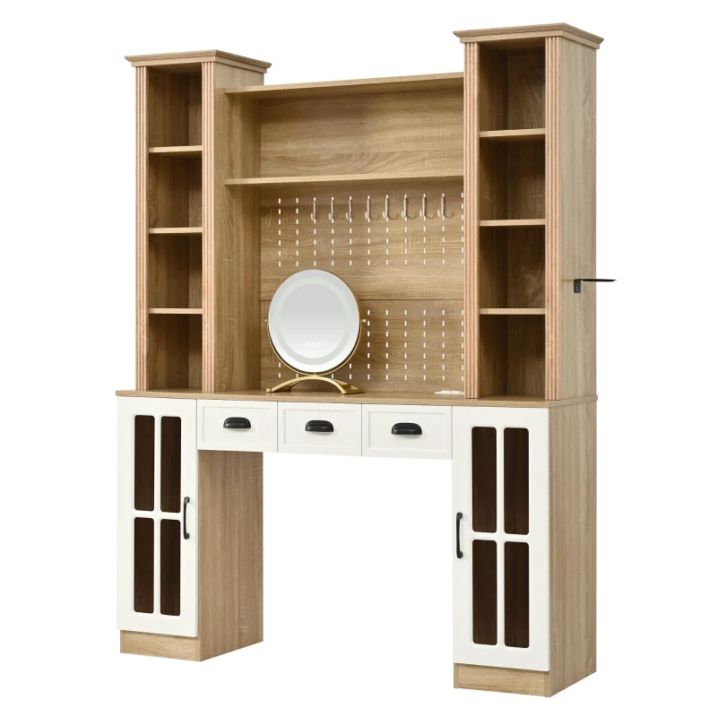 Farmhouse Makeup Vanity with LED Mirror and Power Outlet, Chic Dressing Desk with Jewelry Organizer, 54.5'' L x 15.5" W x 70" H, Natural+White