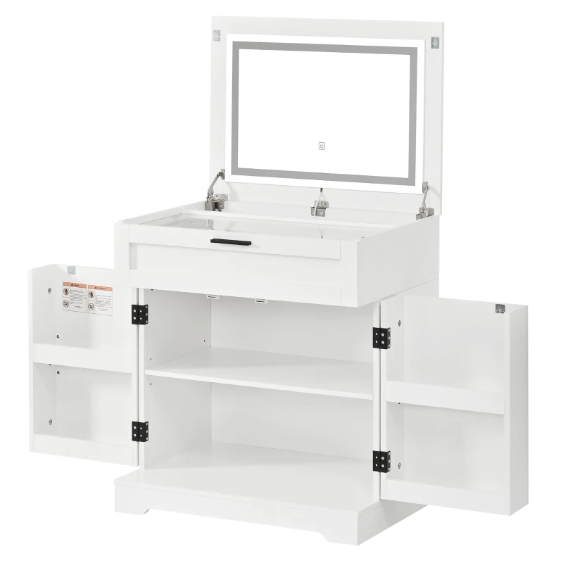 Versatile 3-in-1 Flip Top Makeup Vanity Cabinet with LED Lighted Mirror, Rustic Dressing Table for Bedroom, 26.5'' L x 19.5" W x 29.5" H, White