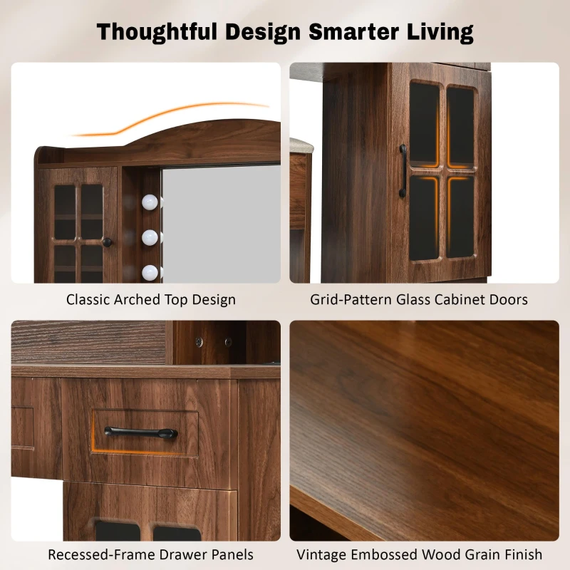 Farmhouse Makeup Vanity with Lighted Mirror and Power Outlet, Chic Dressing Table with Drawers and Stool, 47'' L x 15.5" W x 61.5" H, Walnut
