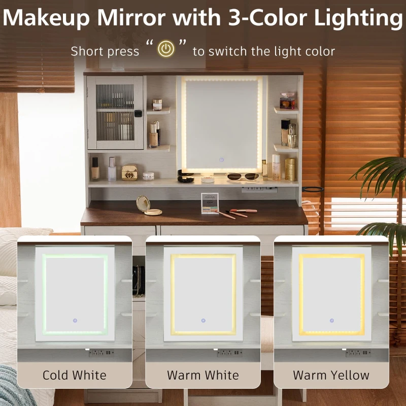 Farmhouse Makeup Vanity with LED Mirror and Outlet, Chic Dressing Table with Drawers and Stool, 37.5'' L x 15.5" W x 56" H, White+Walnut