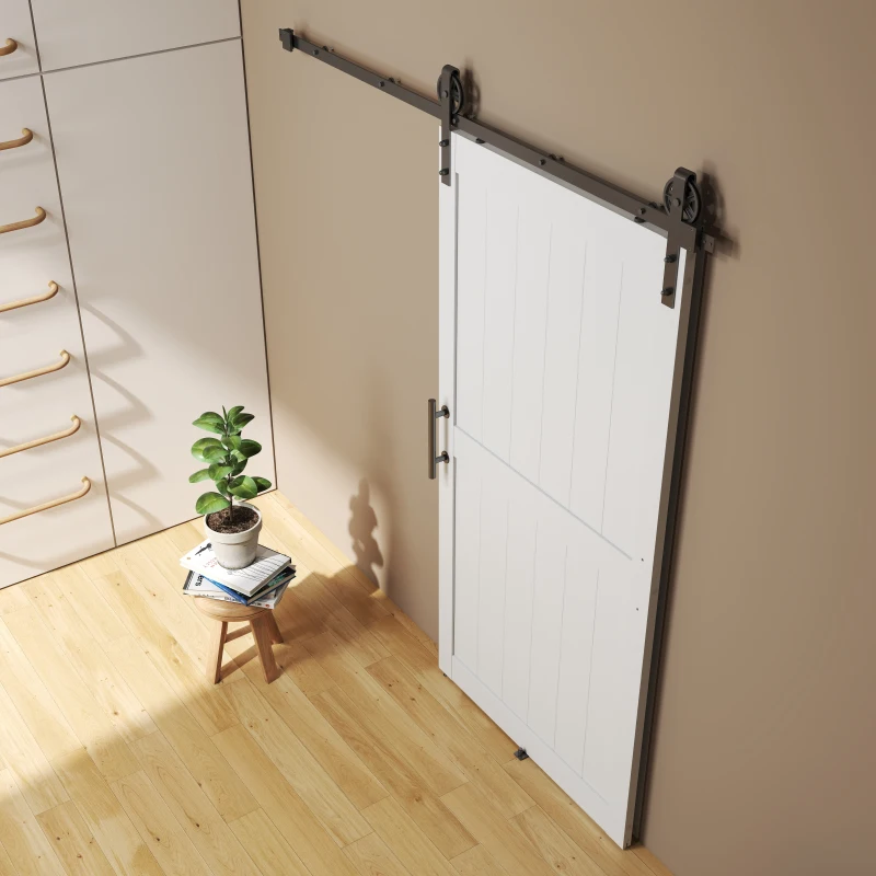 HOMCOM 42inx84in Barn Door with 7FT Sliding Door Hardware Kit, Handle, Upgraded Rollers and Floor Guide, Waterproof, White