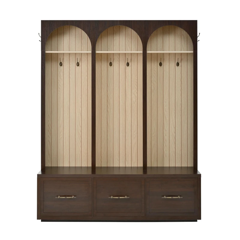 Farmhouse Hall Tree Coat Rack with 3 Arches and 8 Retro Hooks, Shoe Storage Bench Unit with 3 Drawers, 59'' L x 15.5'' W x 75'' H, Dark Walnut