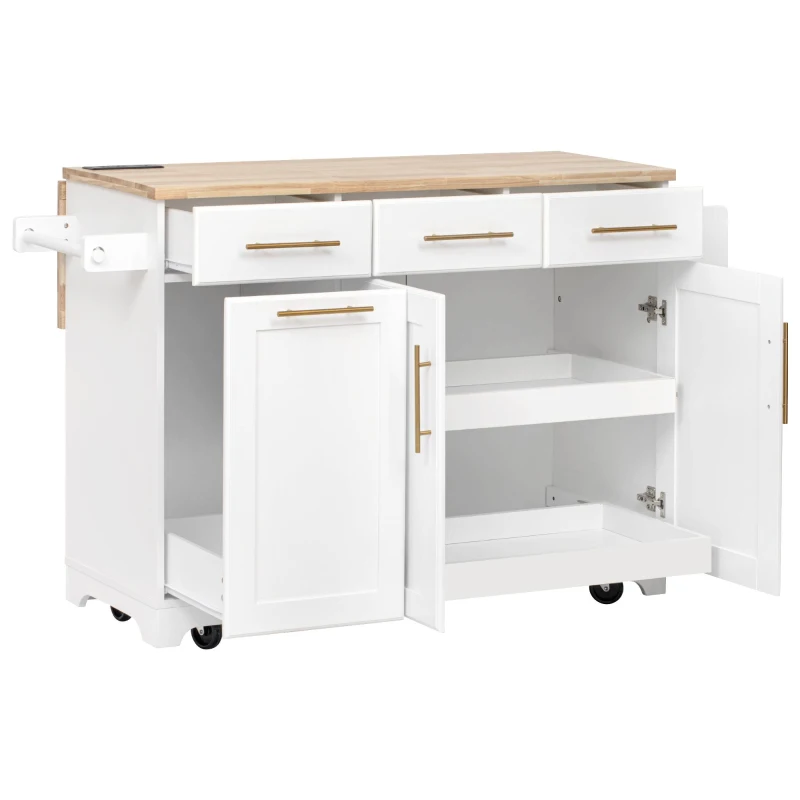 Vintage Kitchen Island with Trash Storage and Organizers, Versatile Rolling Cart with Power Outlet and Spice Rack, 59'' L x 29.5" W x 35.5" H, White
