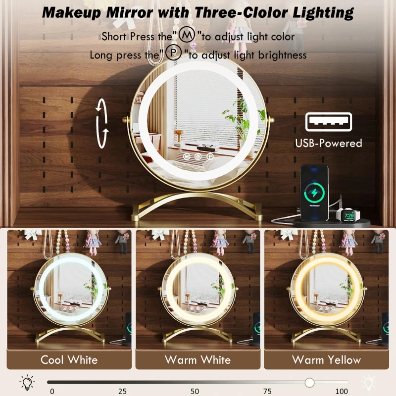 Farmhouse Makeup Vanity with LED Mirror and Power Outlet, Chic Dressing Desk with Jewelry Organizer, 54.5'' L x 15.5" W x 70" H, Walnut