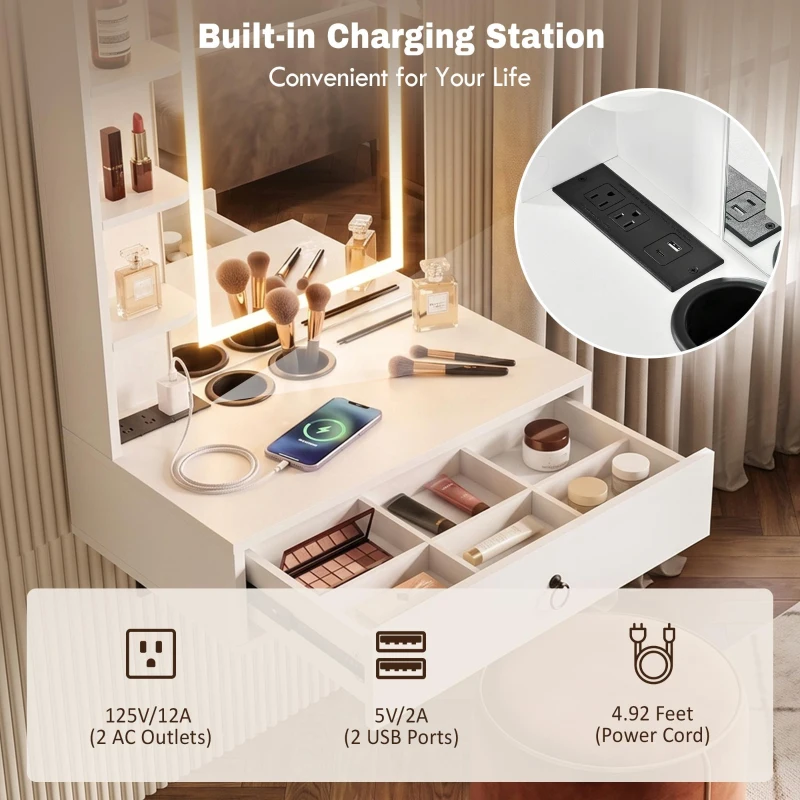 Modern Floating Makeup Vanity with Arched Mirror, Outlet and 3-Color Lights, Versatile Wall Vanity for Bedrooms, 23'' L x 15.5" W x 48" H, White