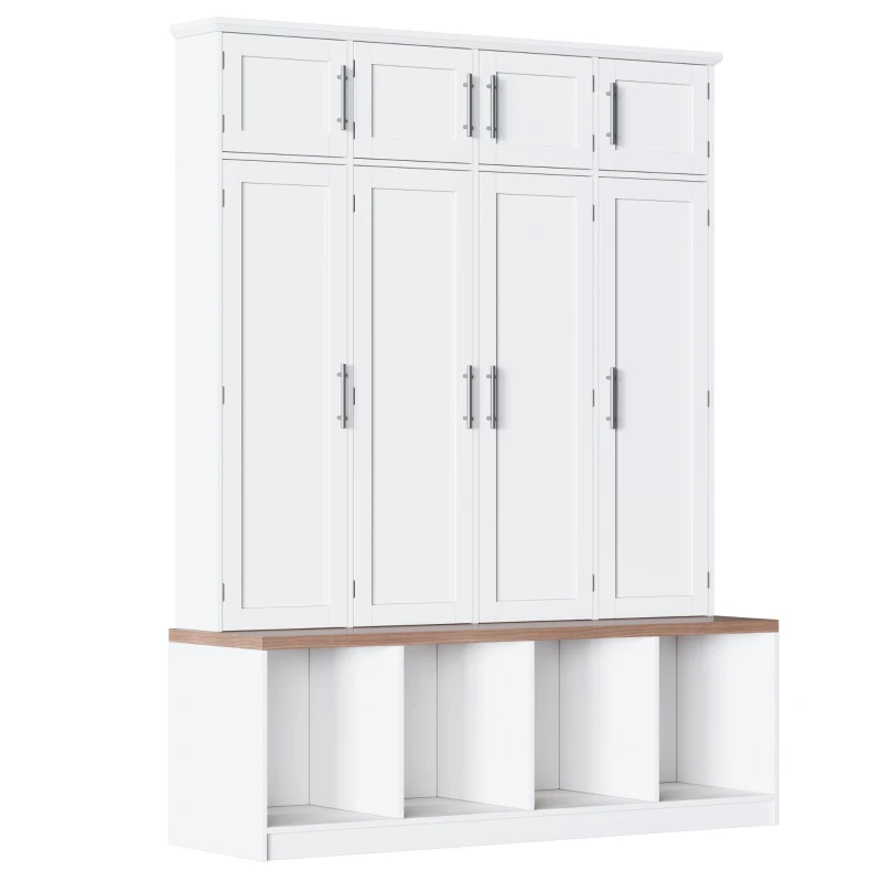 Rustic Farmhouse Hall Tree with 8 Storage Doors, Heavy-Duty Shoe Storage Bench Unit with 4 Bottom Compartments, 59'' L x 15.5'' W x 75'' H, White