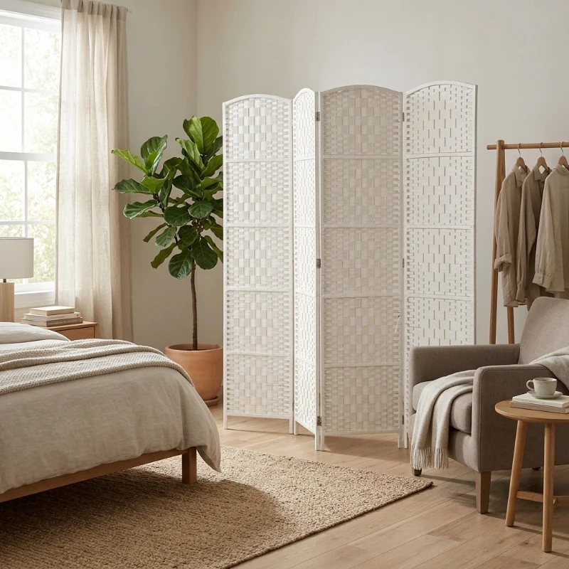 HOMCOM Room Divider, 4 Panel Folding Privacy Screen, 6FT Tall Portable Weave Partition Wall Divider for Bedroom, White