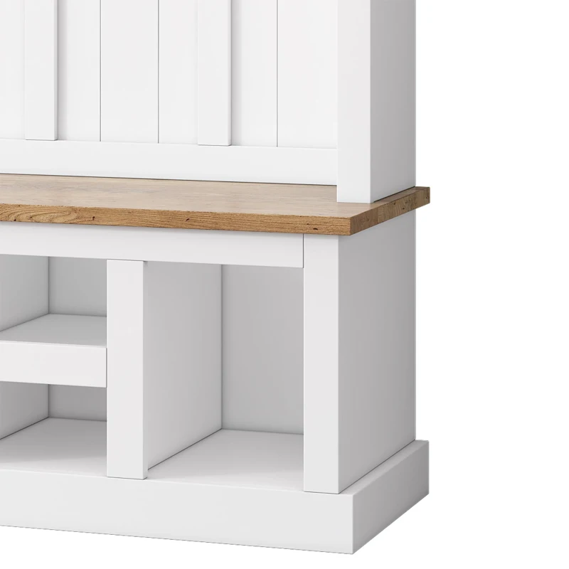 Farmhouse Hall Tree Coat Rack with 13 Compartments, Shoe Storage Bench Unit with Wide Storage Seating Bench, 59'' L x 18'' W x 79'' H, White