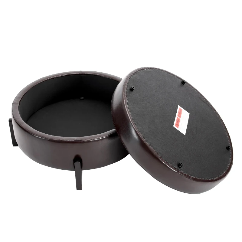 Stylish Round Storage Ottoman with Leather Upholstery, Versatile Coffee Table for Living Room and Bedroom, 32'' L x 32" W x 17.5" H, Dark Brown