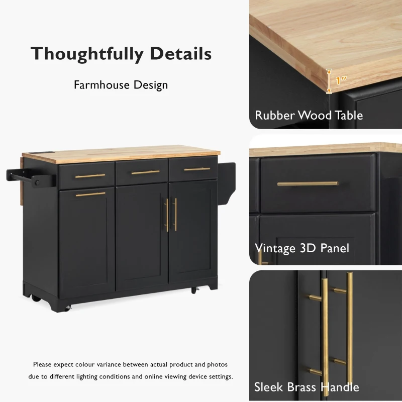 Vintage Kitchen Island with Trash Storage and Organizers, Versatile Rolling Cart with Power Outlet and Spice Rack, 59'' L x 29.5" W x 35.5" H, Black
