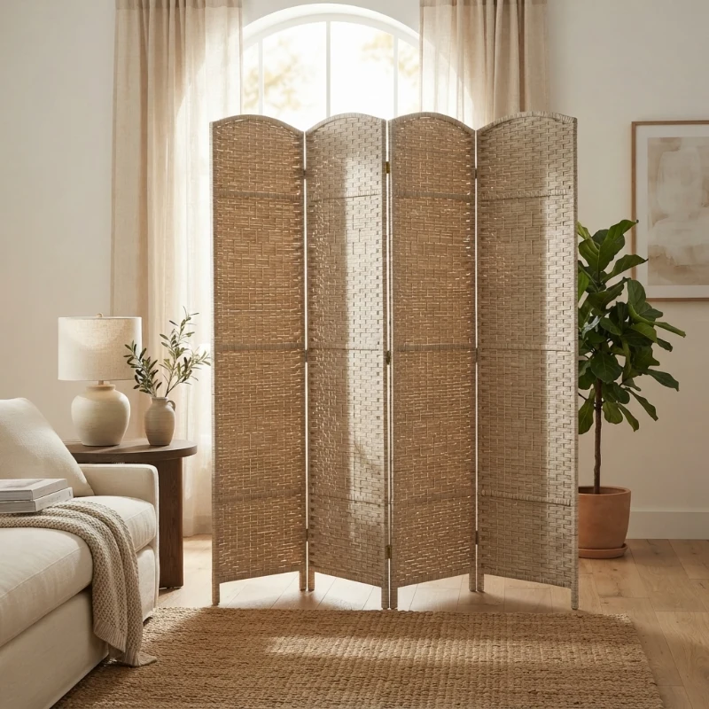 HOMCOM Folding Room Divider Screen 4 Panel 6' Tall Privacy Screen Freestanding Wood Partition for Home Office, Washed Oak