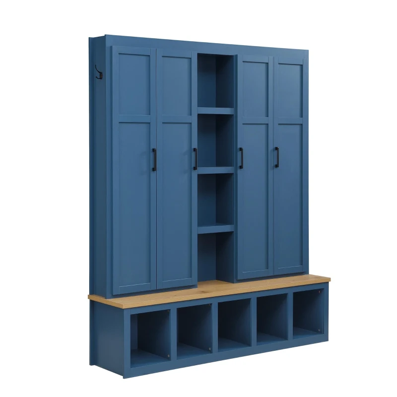 Rustic 4-in-1 Hall Tree Coat Rack with 4 Cabinets and 6 Sturdy Hooks, Shoe Storage Bench Unit for Mudroom, 63'' L x 15.5'' W x 76.5'' H, Blue