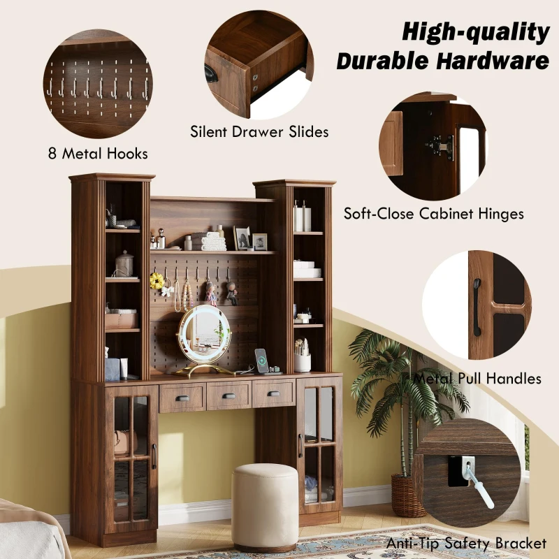 Farmhouse Makeup Vanity with LED Mirror and Power Outlet, Chic Dressing Desk with Jewelry Organizer, 54.5'' L x 15.5" W x 70" H, Walnut