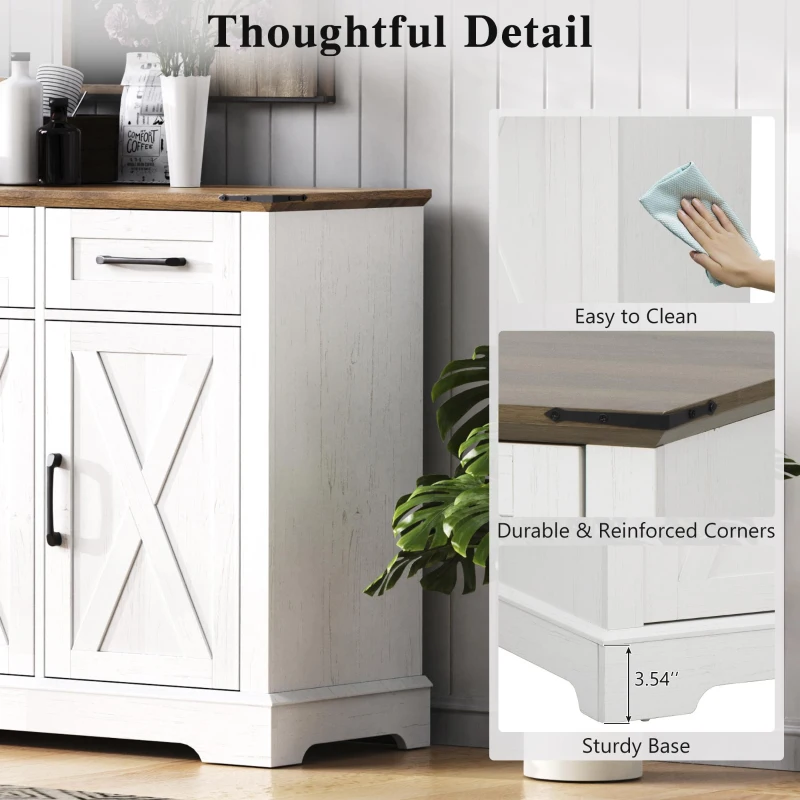 Farmhouse Buffet Cabinet with Metal Hardware and Wood Grain, Sturdy Sideboard for Kitchen and Dining Room, 55'' L x 15.5" W x 32" H, Vintage White