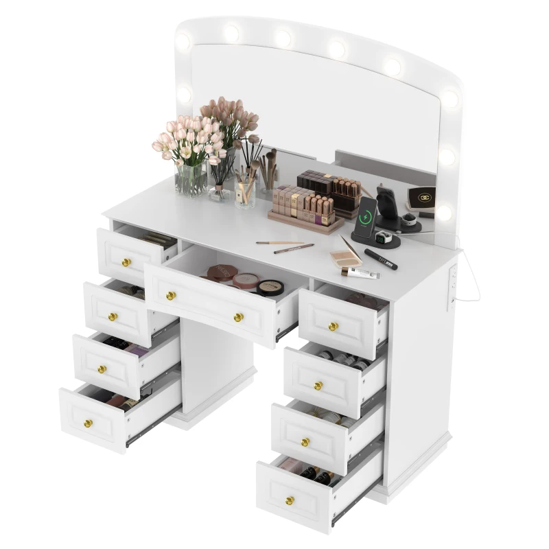Luxurious Dressing Vanity Desk with 10 Hollywood Bulbs, Modern Makeup Table Set with 9 Storage Drawers, 44'' L x 15.5'' W x 53.5'' H, White