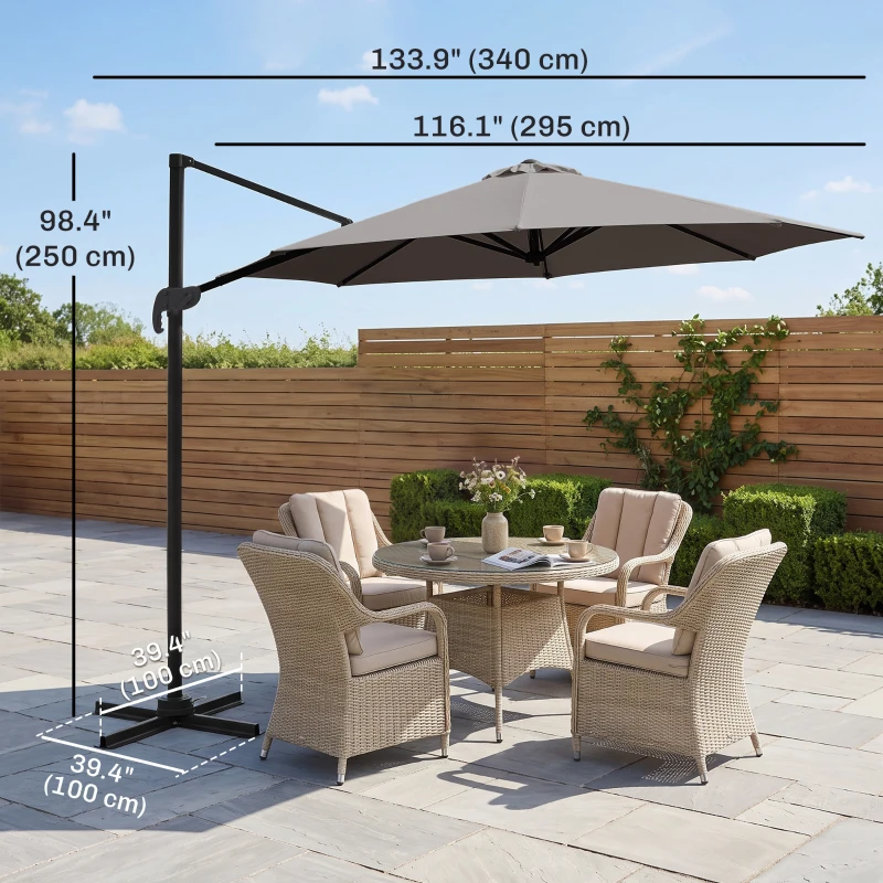 Outsunny 10ft Cantilever Patio Umbrella with 360° Rotation, Crank & Cross Base for Garden Deck Pool Backyard, Grey
