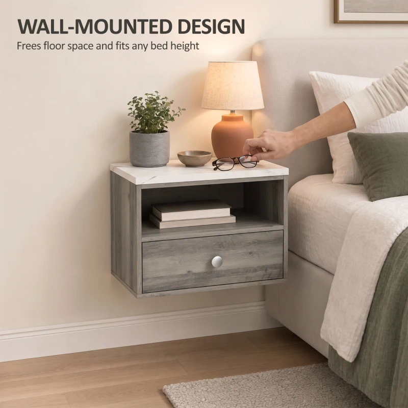 HOMCOM Floating Bedside Tables Set of 2 with Drawer, Open Storage and White Marble Effect Top for Bedroom, Natural