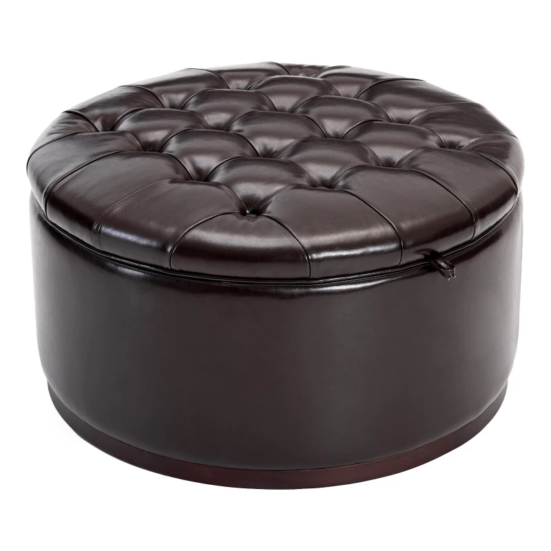 Elegant Round Storage Ottoman with Tufted Chenille and Removable Lid, Versatile Coffee Table for Living Room, 28'' L x 28" W x 16.5" H, Dark Brown