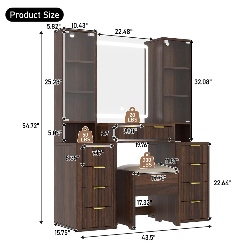 Elegant Fluted Dressing Vanity Desk with 3-Colour LED Mirror, Modern Makeup Table Unit with 10 Drawers, 43.5'' L x 15.5'' W x 54.5'' H, Brown