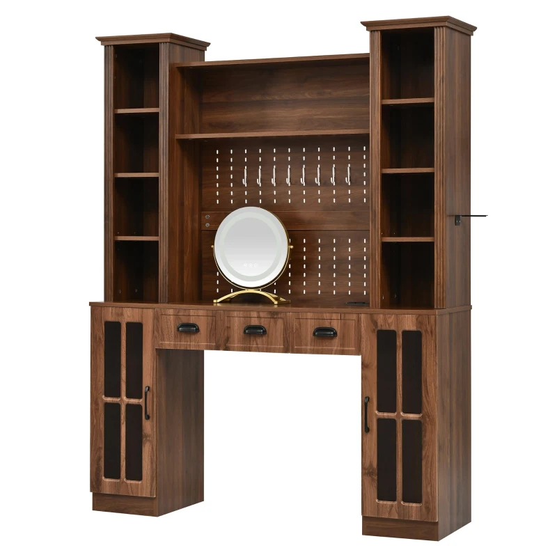 Farmhouse Makeup Vanity with LED Mirror and Power Outlet, Chic Dressing Desk with Jewelry Organizer, 54.5'' L x 15.5" W x 70" H, Walnut