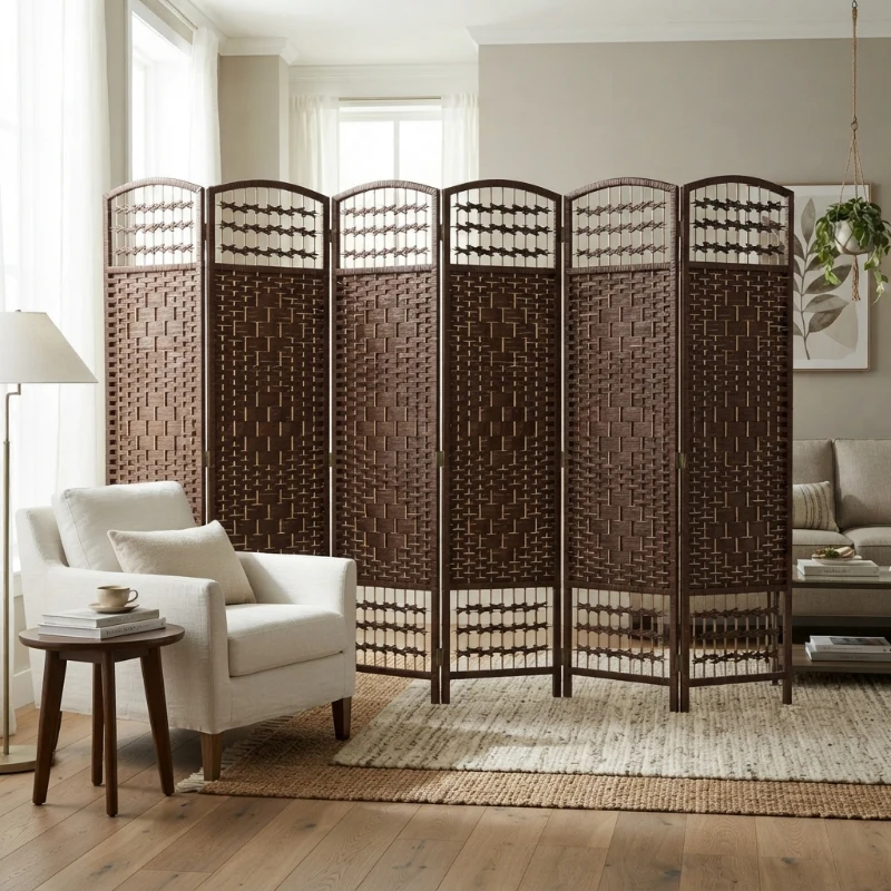 HOMCOM 6 Panel Folding Room Divider Portable Privacy Screen Wave Fiber Room Partition for Home Office Brown