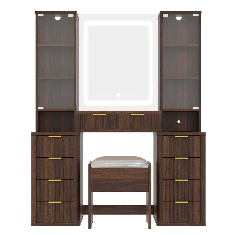 Elegant Fluted Dressing Vanity Desk with 3-Colour LED Mirror, Modern Makeup Table Unit with 10 Drawers, 43.5'' L x 15.5'' W x 54.5'' H, Brown