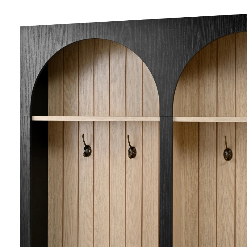 Farmhouse Hall Tree Coat Rack with 3 Arches and 8 Retro Hooks, Shoe Storage Bench Unit with 3 Drawers, 59'' L x 15.5'' W x 75'' H, Black