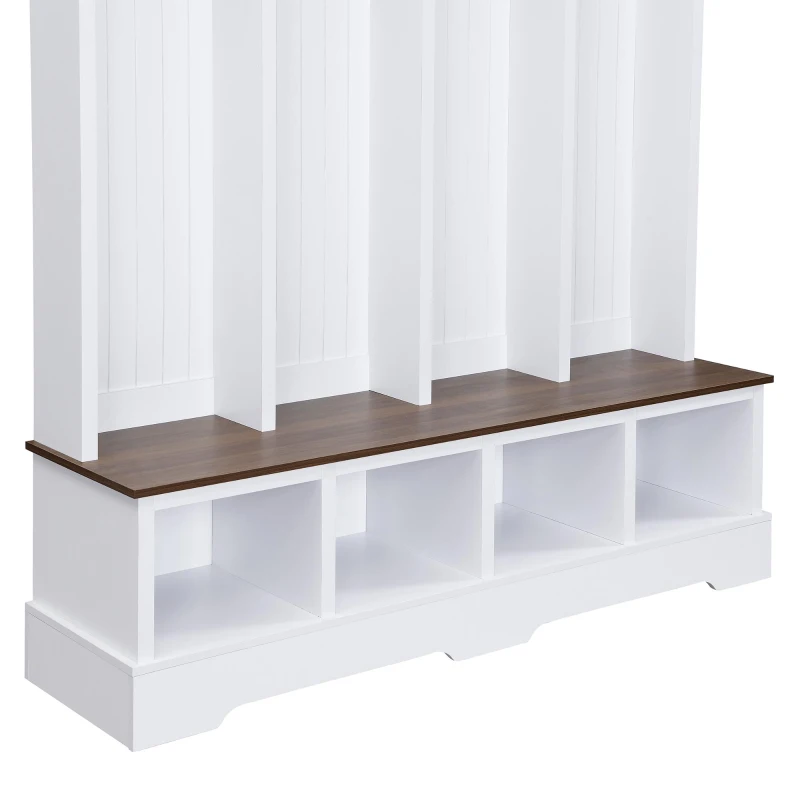Farmhouse Hall Tree Coat Rack with 8 Retro Hooks, Shoe Bench Unit with 8 Storage Compartments, 59'' L x 15.5'' W x 76.5'' H, White