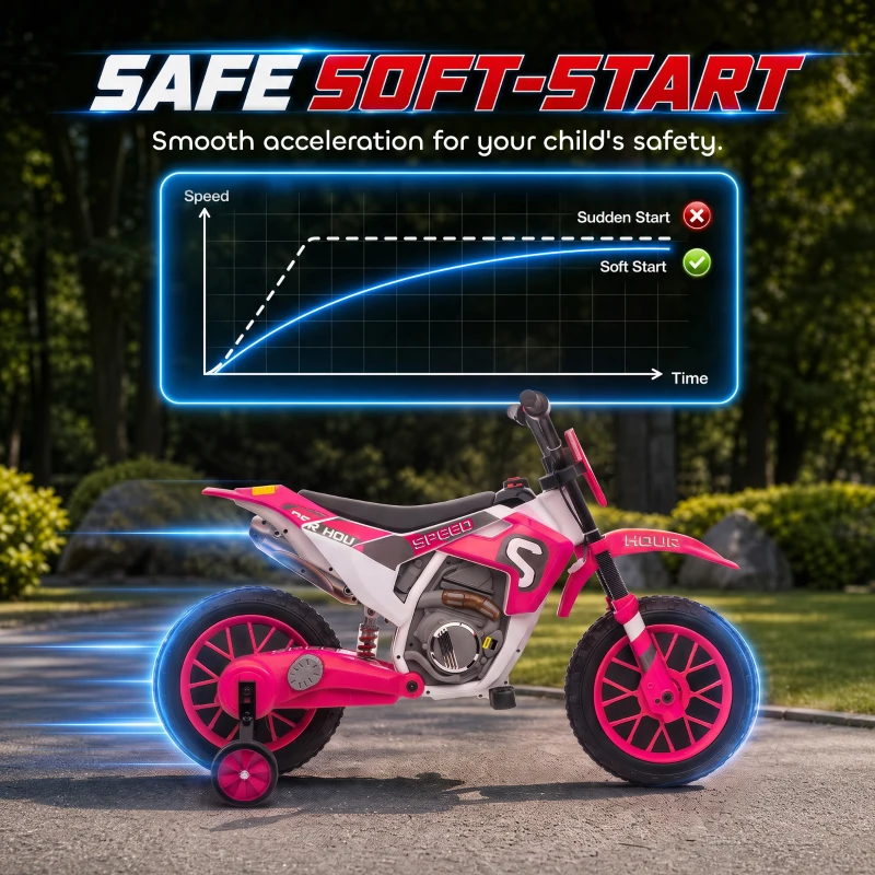 Aosom 12V Kids Motorcycle with Dual Motors, Training Wheels, Rear Suspension, Soft Start, Max Speed 5 MPH, for 3-6 Years, Pink