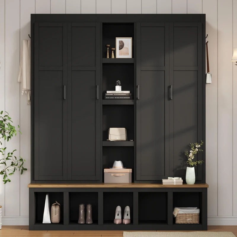 Rustic 4-in-1 Hall Tree Coat Rack with 4 Cabinets and 6 Sturdy Hooks, Shoe Storage Bench Unit for Mudroom, 63'' L x 15.5'' W x 76.5'' H, Black