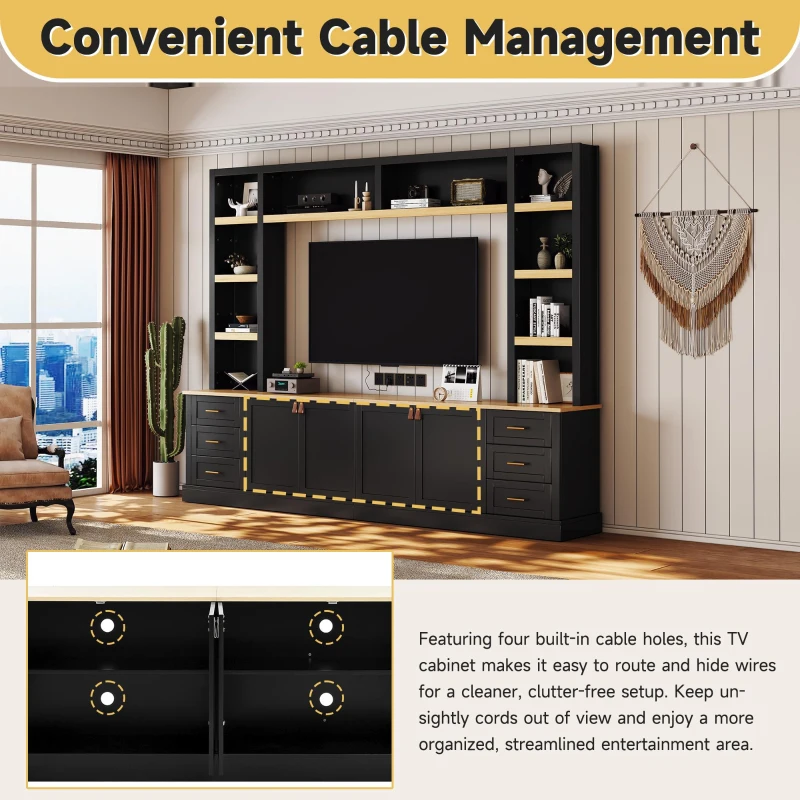Rustic Farmhouse Entertainment Centre with 6 Storage Drawers, Modern TV Wall Unit with Adjustable Shelves, 98.5'' L x 15.5'' W x 79.5'' H, Black