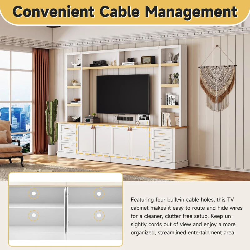 Rustic Farmhouse Entertainment Centre with 6 Storage Drawers, Modern TV Wall Unit with Adjustable Shelves, 98.5'' L x 15.5'' W x 79.5'' H, White