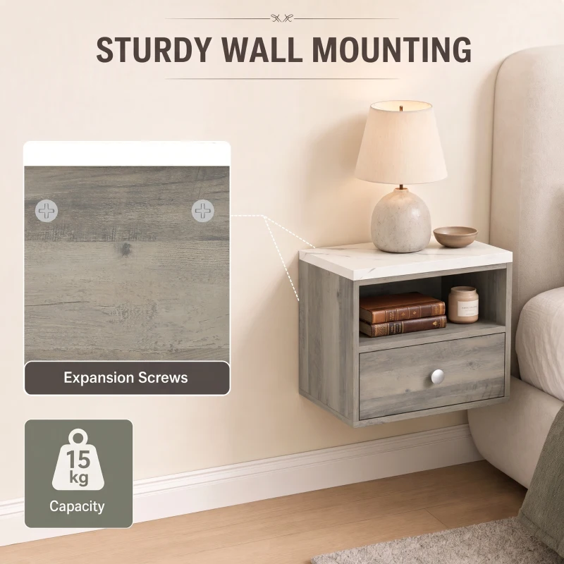 HOMCOM Floating Bedside Tables Set of 2 with Drawer, Open Storage and White Marble Effect Top for Bedroom, Natural