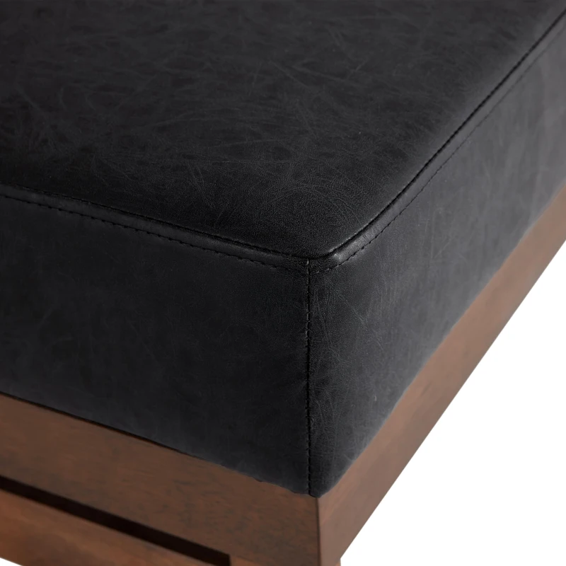 Sleek Large Ottoman with Faux Leather and Walnut Legs, Versatile Coffee Table for Living Room and Bedroom, 48" L × 27.5" W × 15.5" H, Black