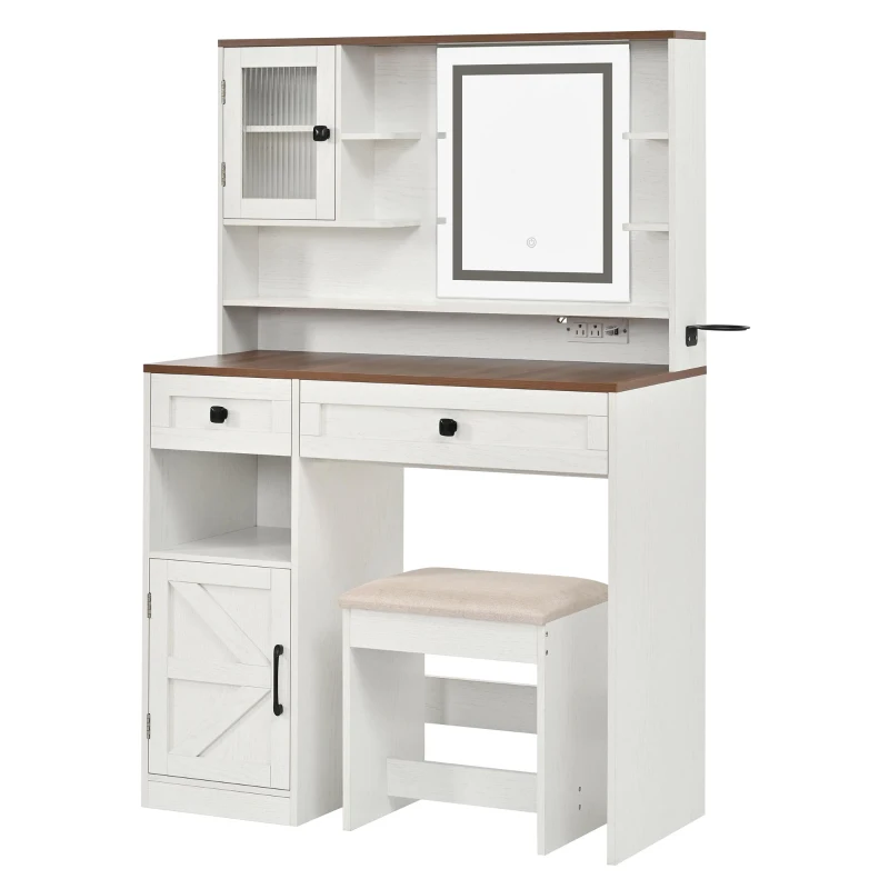 Farmhouse Makeup Vanity with LED Mirror and Outlet, Chic Dressing Table with Drawers and Stool, 37.5'' L x 15.5" W x 56" H, White+Walnut