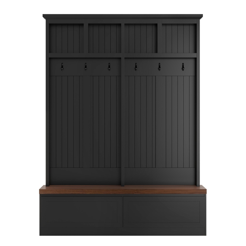 Rustic Farmhouse 4-in-1 Hall Tree Coat Rack with 2 Large Drawers, Shoe Storage Bench Unit with 6 Hooks, 53'' L x 15'' W x 75.5'' H, Black