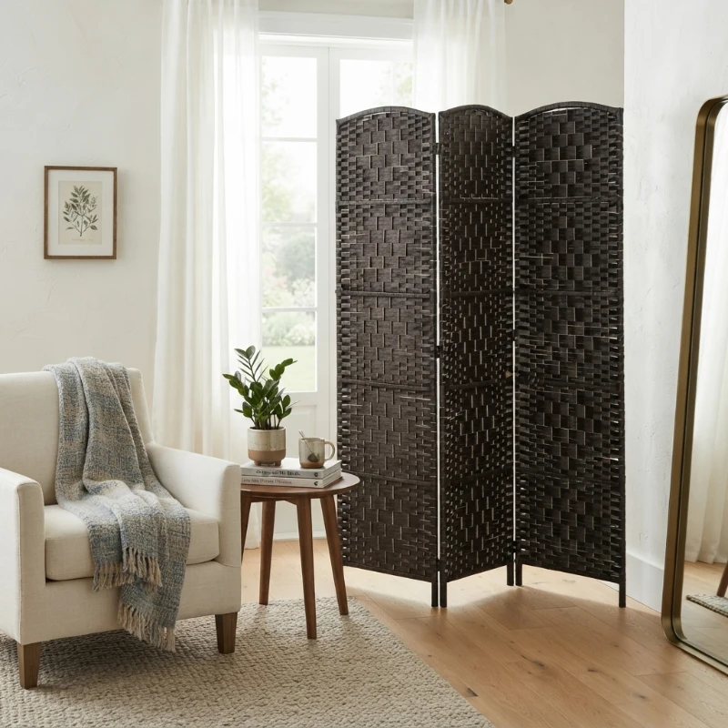 HOMCOM Room Divider, 3 Panel Folding Privacy Screen, 70.9" Tall Portable Weave Partition Wall Divider for Bedroom, Coffee